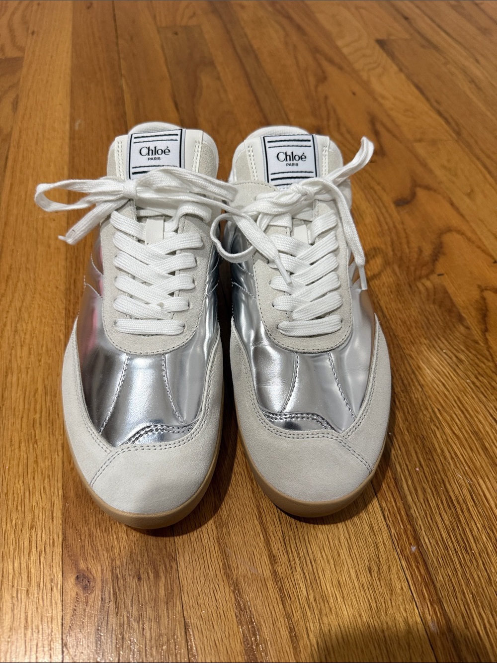 Chloé Silver and White Lace-Up Sneakers
